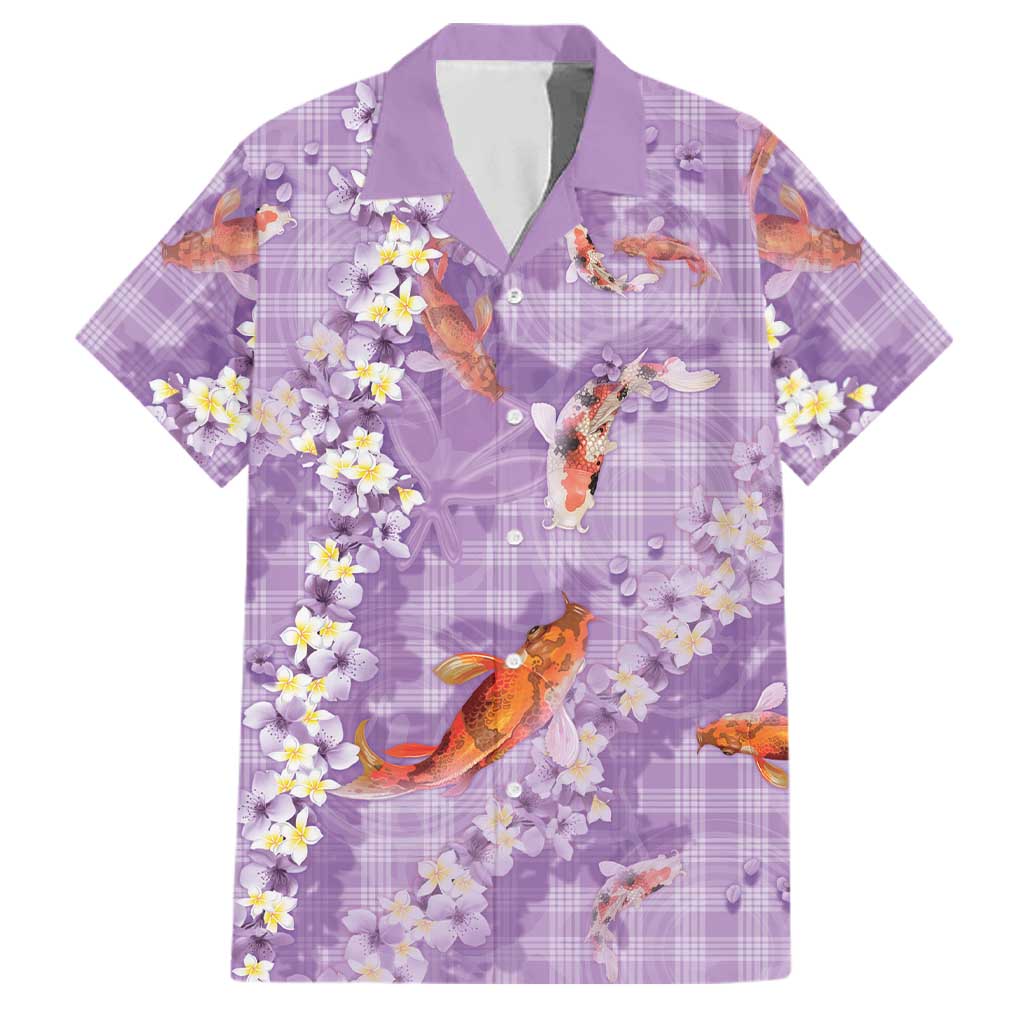 Purple Palaka Hawaiian And Japanese Family Matching Long Sleeve Bodycon Dress and Hawaiian Shirt Sakura Lei With Koi Fish DT05 Dad's Shirt - Short Sleeve Purple - Polynesian Pride