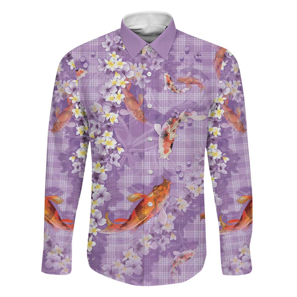 Purple Palaka Hawaiian And Japanese Family Matching Long Sleeve Bodycon Dress and Hawaiian Shirt Sakura Lei With Koi Fish DT05 Dad's Shirt - Long Sleeve Purple - Polynesian Pride