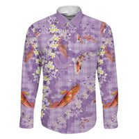 Purple Palaka Hawaiian And Japanese Family Matching Long Sleeve Bodycon Dress and Hawaiian Shirt Sakura Lei With Koi Fish DT05 Dad's Shirt - Long Sleeve Purple - Polynesian Pride