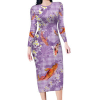 Purple Palaka Hawaiian And Japanese Family Matching Long Sleeve Bodycon Dress and Hawaiian Shirt Sakura Lei With Koi Fish DT05 Mom's Dress Purple - Polynesian Pride