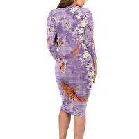 Purple Palaka Hawaiian And Japanese Family Matching Long Sleeve Bodycon Dress and Hawaiian Shirt Sakura Lei With Koi Fish DT05 - Polynesian Pride