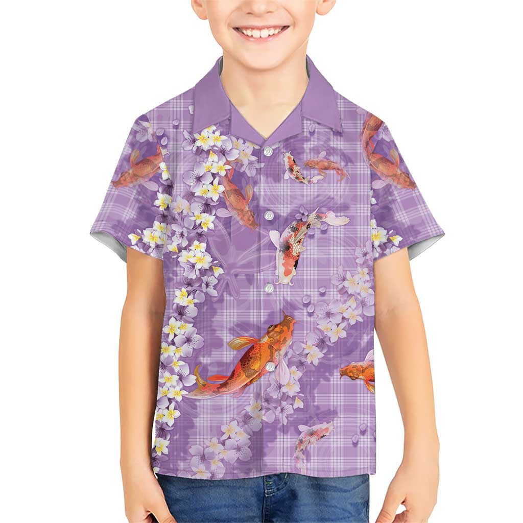 Purple Palaka Hawaiian And Japanese Family Matching Long Sleeve Bodycon Dress and Hawaiian Shirt Sakura Lei With Koi Fish DT05 Son's Shirt Purple - Polynesian Pride