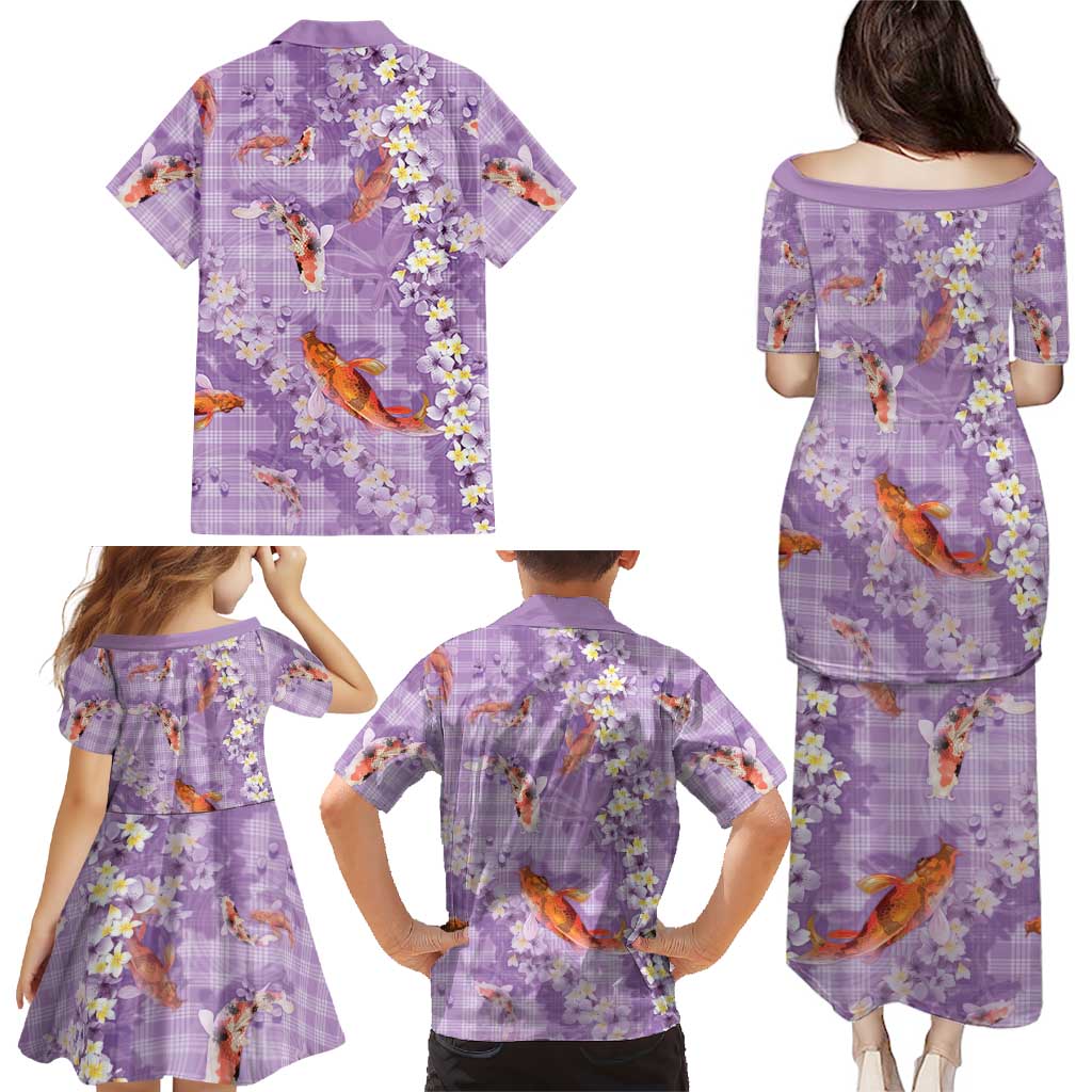 Purple Palaka Hawaiian And Japanese Family Matching Puletasi and Hawaiian Shirt Sakura Lei With Koi Fish - Polynesian Pride