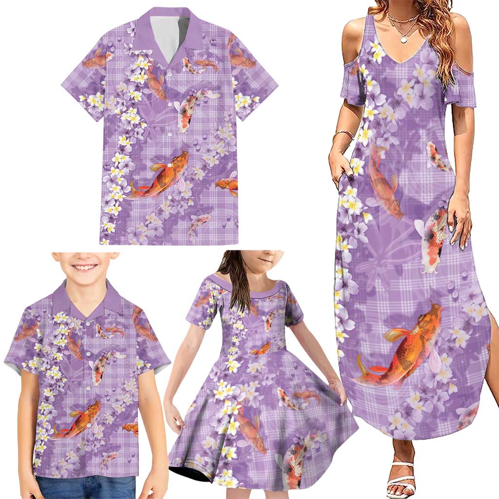 Purple Palaka Hawaiian And Japanese Family Matching Summer Maxi Dress and Hawaiian Shirt Sakura Lei With Koi Fish - Polynesian Pride