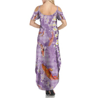 Purple Palaka Hawaiian And Japanese Family Matching Summer Maxi Dress and Hawaiian Shirt Sakura Lei With Koi Fish - Polynesian Pride