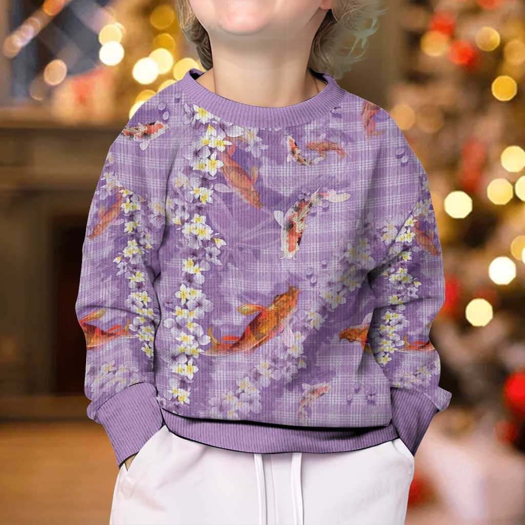Purple Palaka Hawaiian And Japanese Kid Ugly Christmas Sweater Sakura Lei With Koi Fish - Polynesian Pride