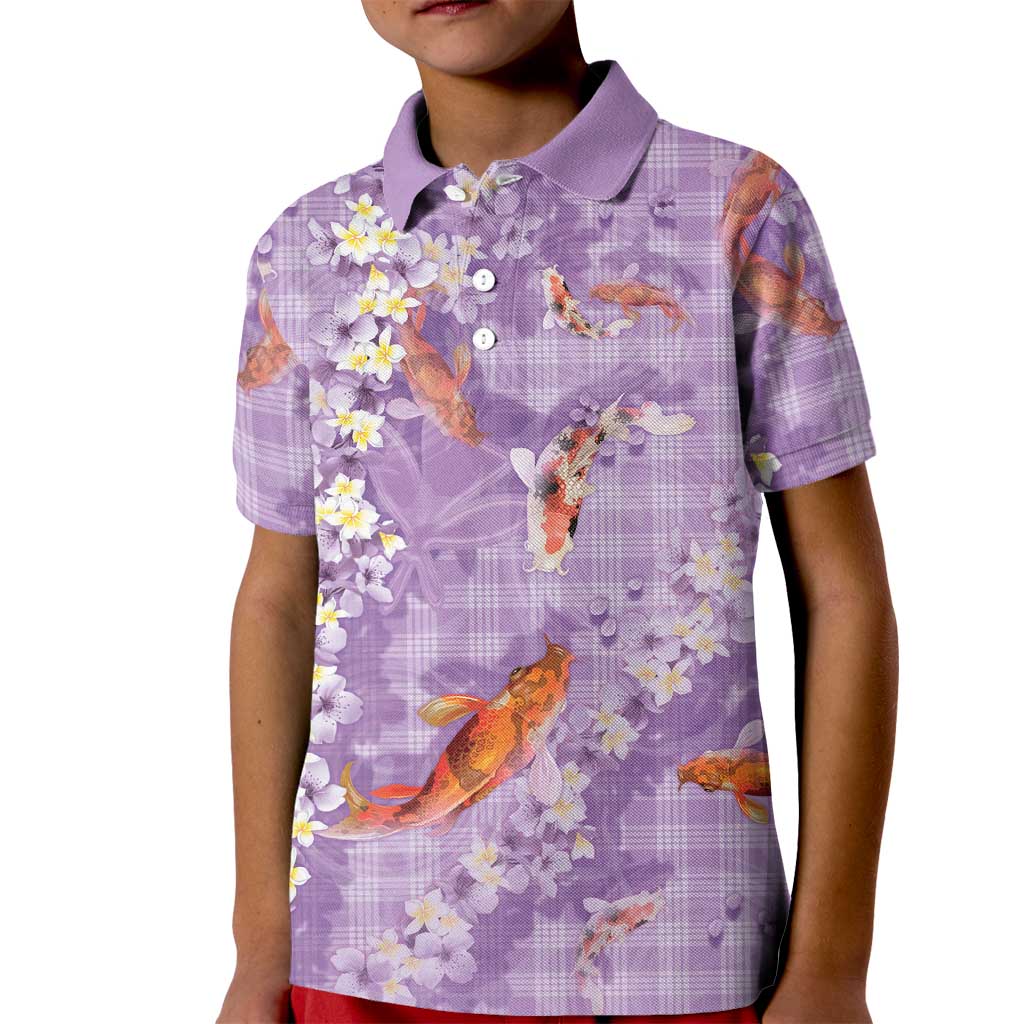 Purple Palaka Hawaiian And Japanese Kid Polo Shirt Sakura Lei With Koi Fish - Polynesian Pride