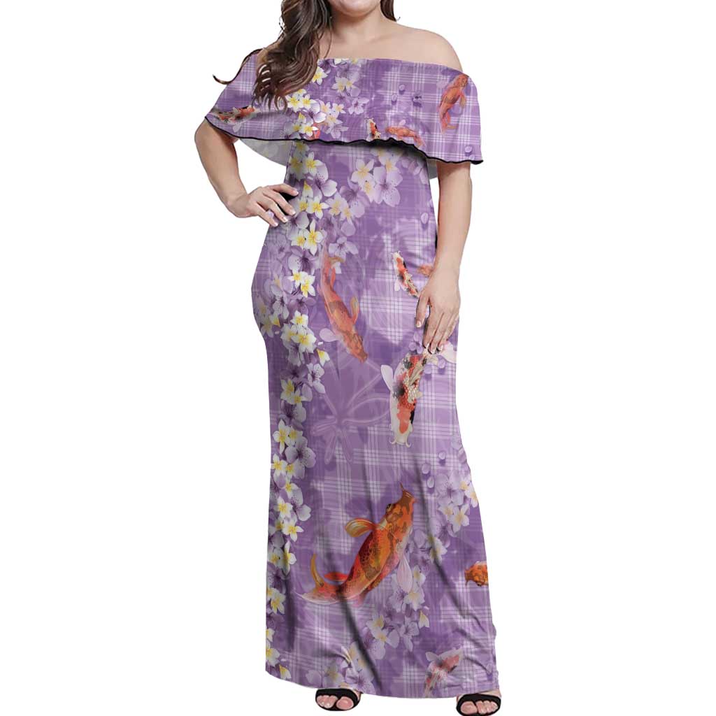 Purple Palaka Hawaiian And Japanese Off Shoulder Maxi Dress Sakura Lei With Koi Fish DT05 Women Purple - Polynesian Pride
