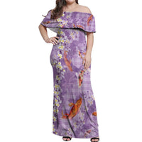 Purple Palaka Hawaiian And Japanese Off Shoulder Maxi Dress Sakura Lei With Koi Fish DT05 Women Purple - Polynesian Pride