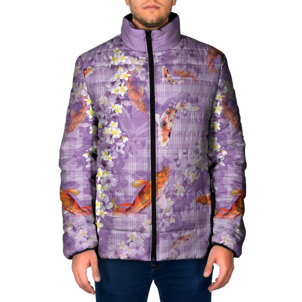 Purple Palaka Hawaiian And Japanese Padded Jacket Sakura Lei With Koi Fish DT05 Men Purple - Polynesian Pride