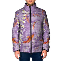 Purple Palaka Hawaiian And Japanese Padded Jacket Sakura Lei With Koi Fish DT05 Men Purple - Polynesian Pride