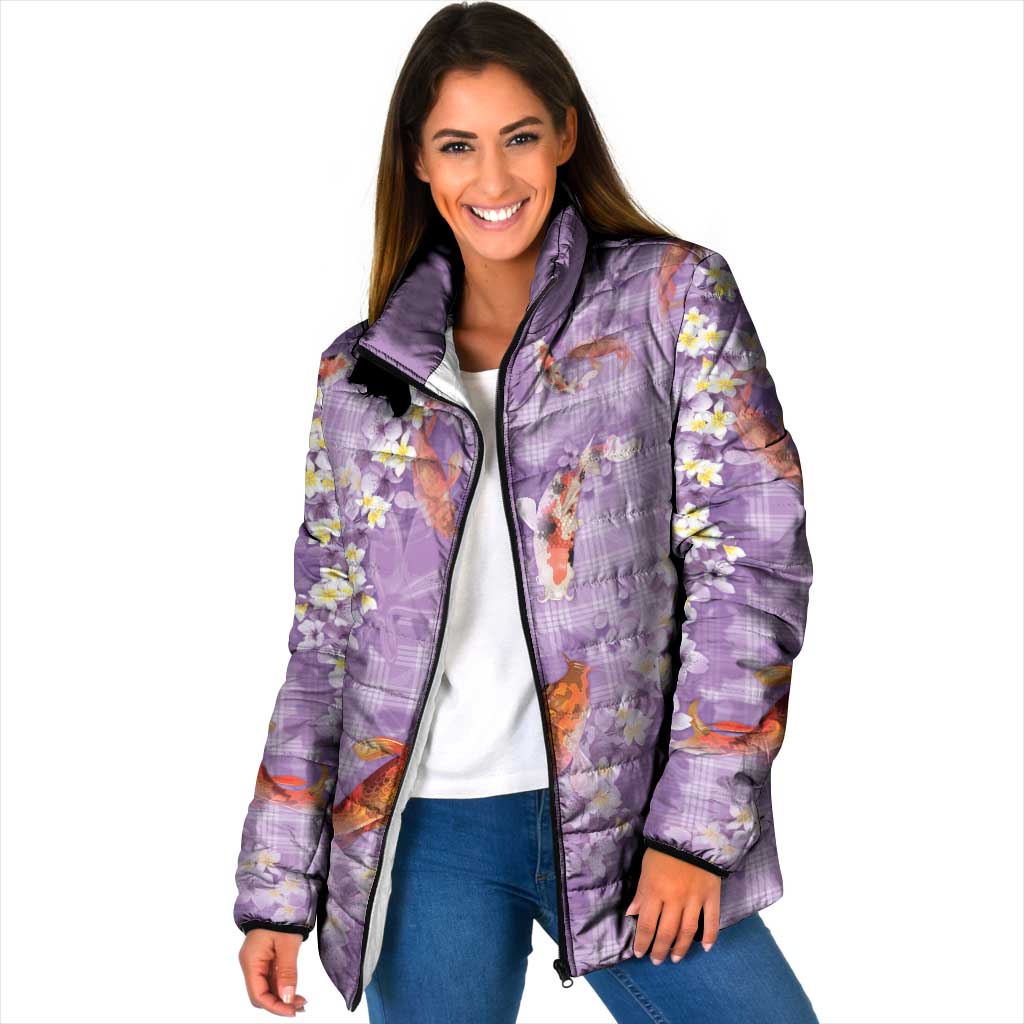 Purple Palaka Hawaiian And Japanese Padded Jacket Sakura Lei With Koi Fish DT05 Women Purple - Polynesian Pride