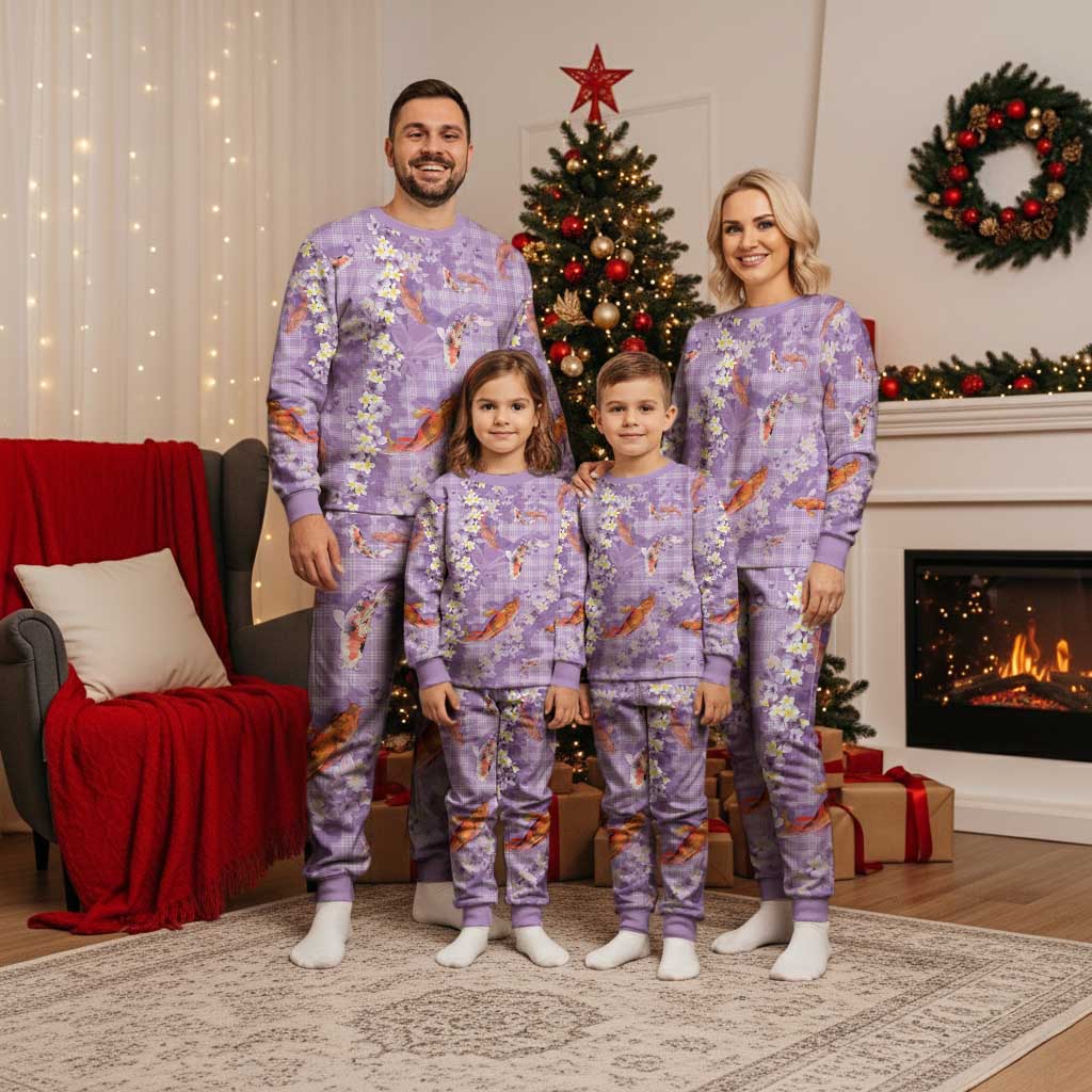 Purple Palaka Hawaiian And Japanese Christmas Pajama Set Sakura Lei With Koi Fish - Polynesian Pride