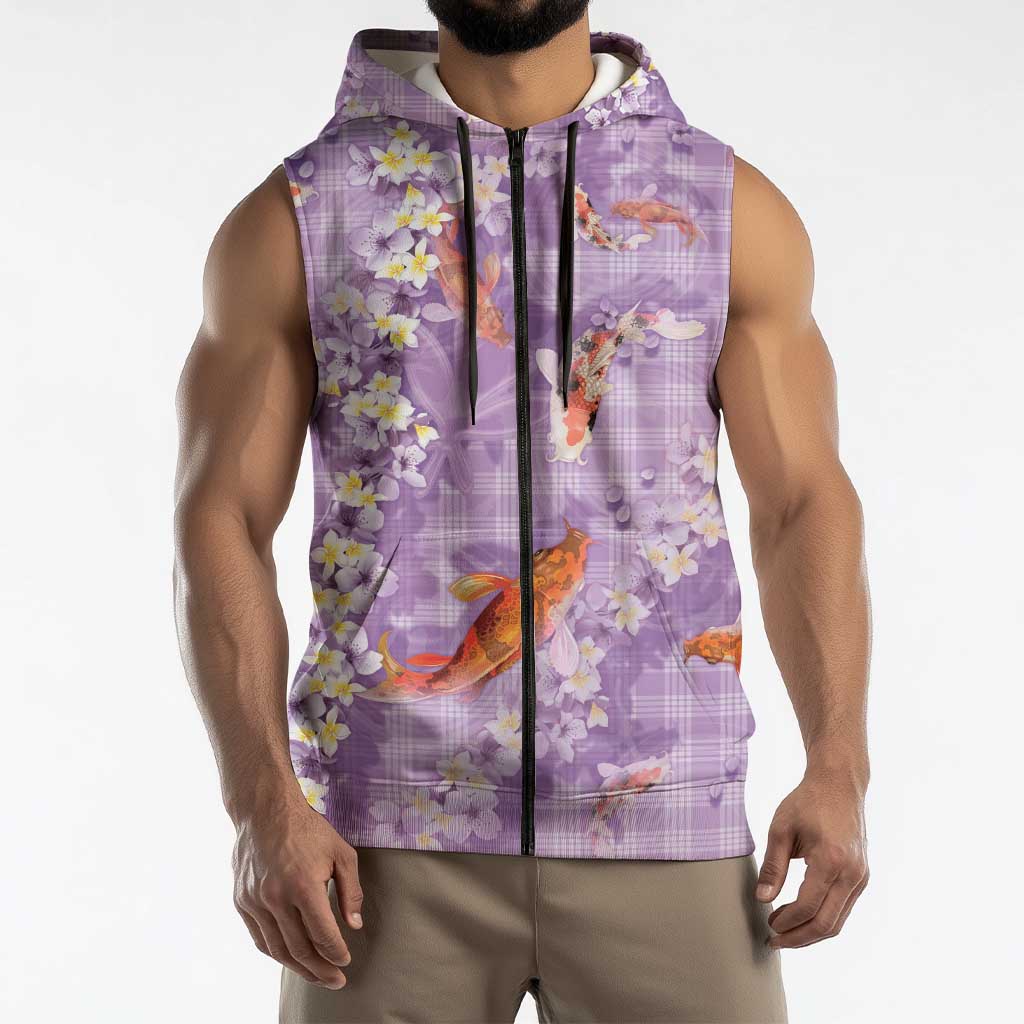 Purple Palaka Hawaiian And Japanese Sleeveless Zip Hoodie Sakura Lei With Koi Fish - Polynesian Pride