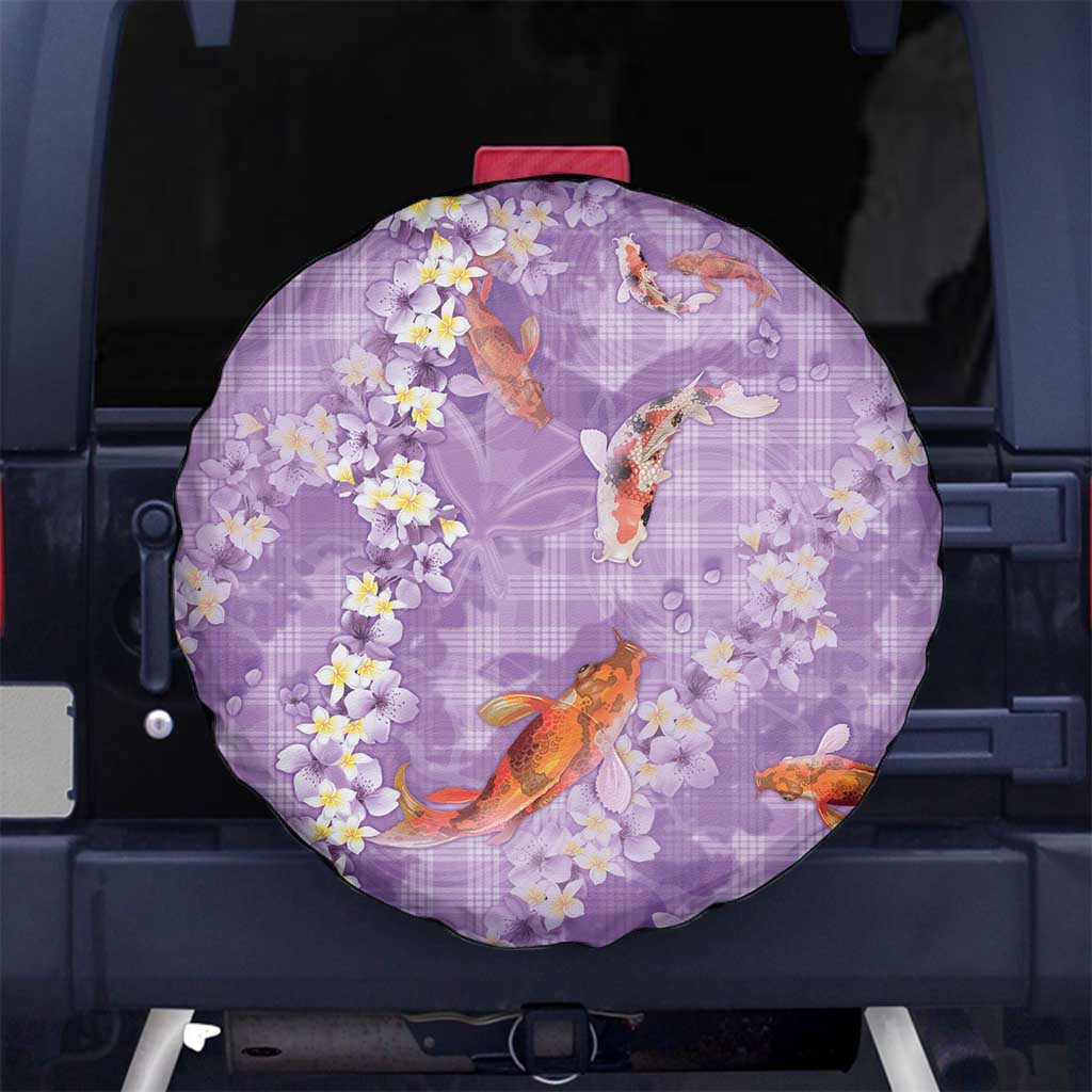 Purple Palaka Hawaiian And Japanese Spare Tire Cover Sakura Lei With Koi Fish DT05 No hole Purple - Polynesian Pride