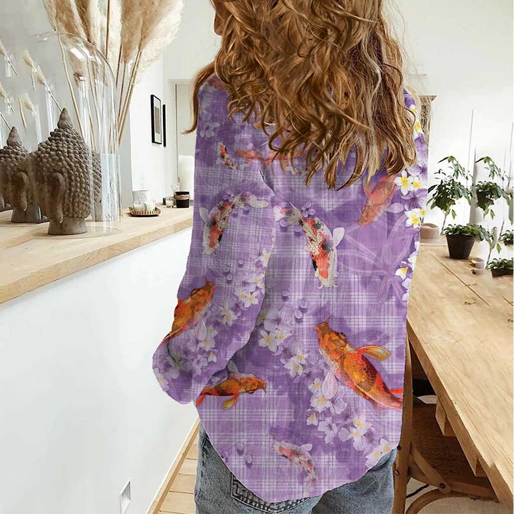 Purple Palaka Hawaiian And Japanese Women Casual Shirt Sakura Lei With Koi Fish - Polynesian Pride