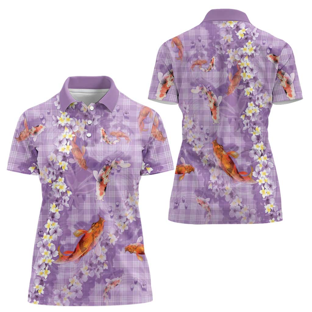 Purple Palaka Hawaiian And Japanese Women Polo Shirt Sakura Lei With Koi Fish - Polynesian Pride