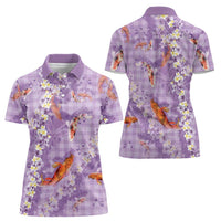 Purple Palaka Hawaiian And Japanese Women Polo Shirt Sakura Lei With Koi Fish - Polynesian Pride