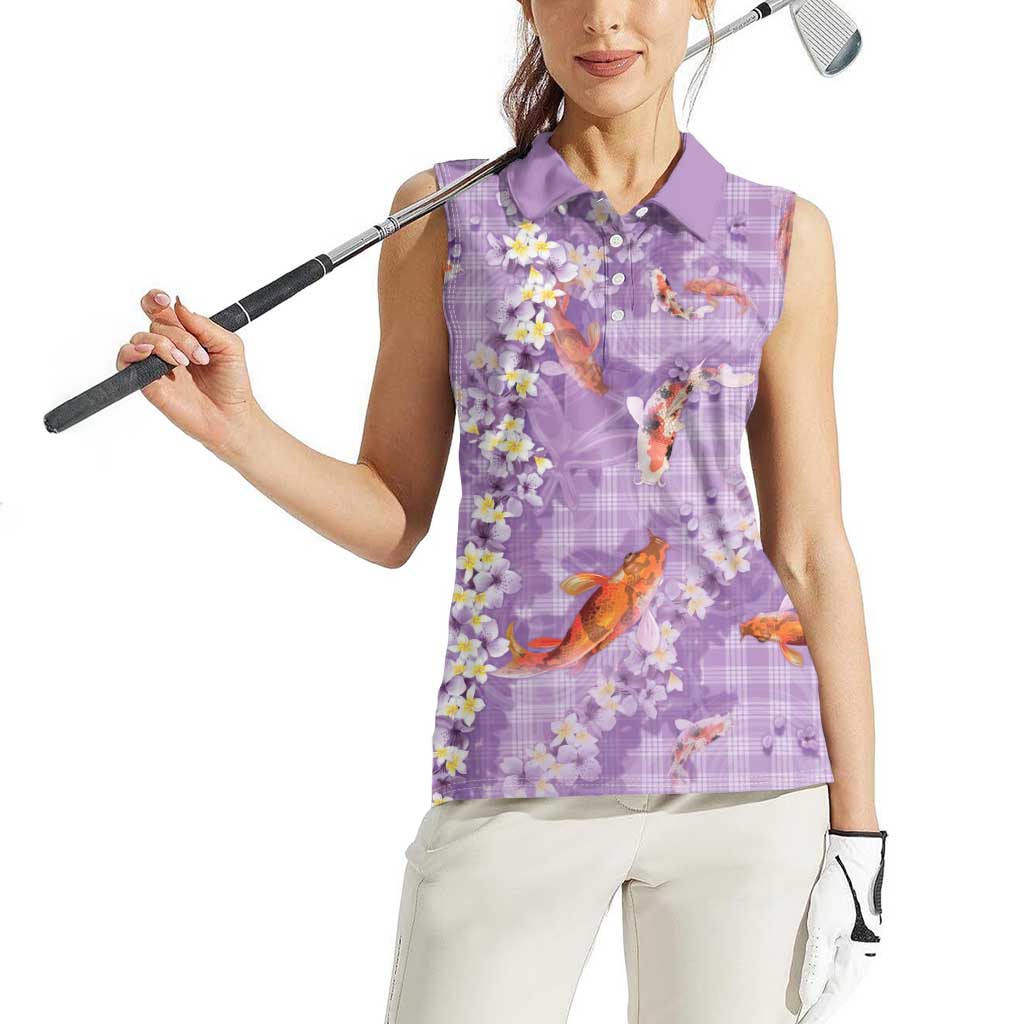 Purple Palaka Hawaiian And Japanese Women Sleeveless Polo Shirt Sakura Lei With Koi Fish - Polynesian Pride