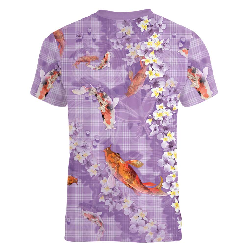 Purple Palaka Hawaiian And Japanese Women V-Neck T-Shirt Sakura Lei With Koi Fish - Polynesian Pride