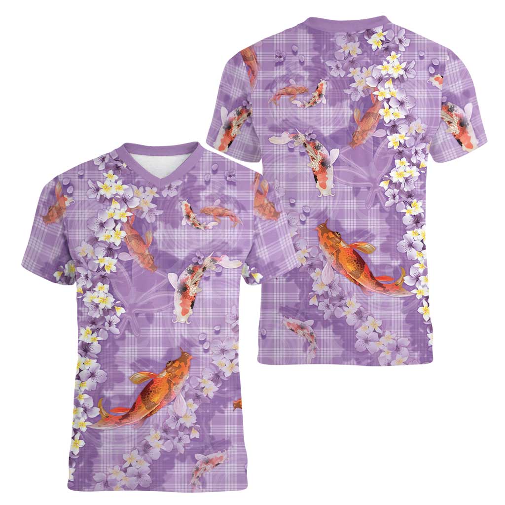 Purple Palaka Hawaiian And Japanese Women V-Neck T-Shirt Sakura Lei With Koi Fish - Polynesian Pride