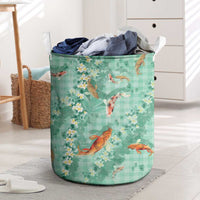 Green Palaka Hawaiian And Japanese Laundry Basket Sakura Lei With Koi Fish DT05 Green - Polynesian Pride