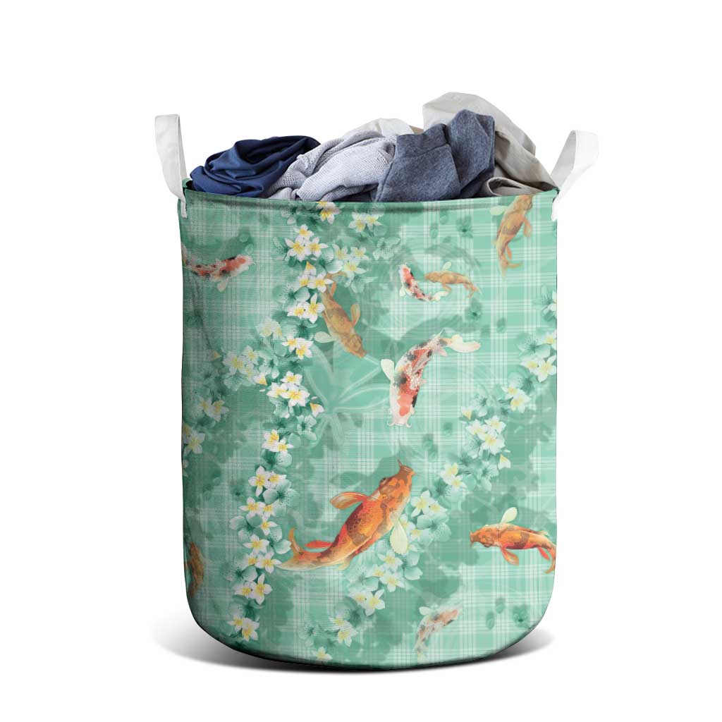 Green Palaka Hawaiian And Japanese Laundry Basket Sakura Lei With Koi Fish DT05 - Polynesian Pride