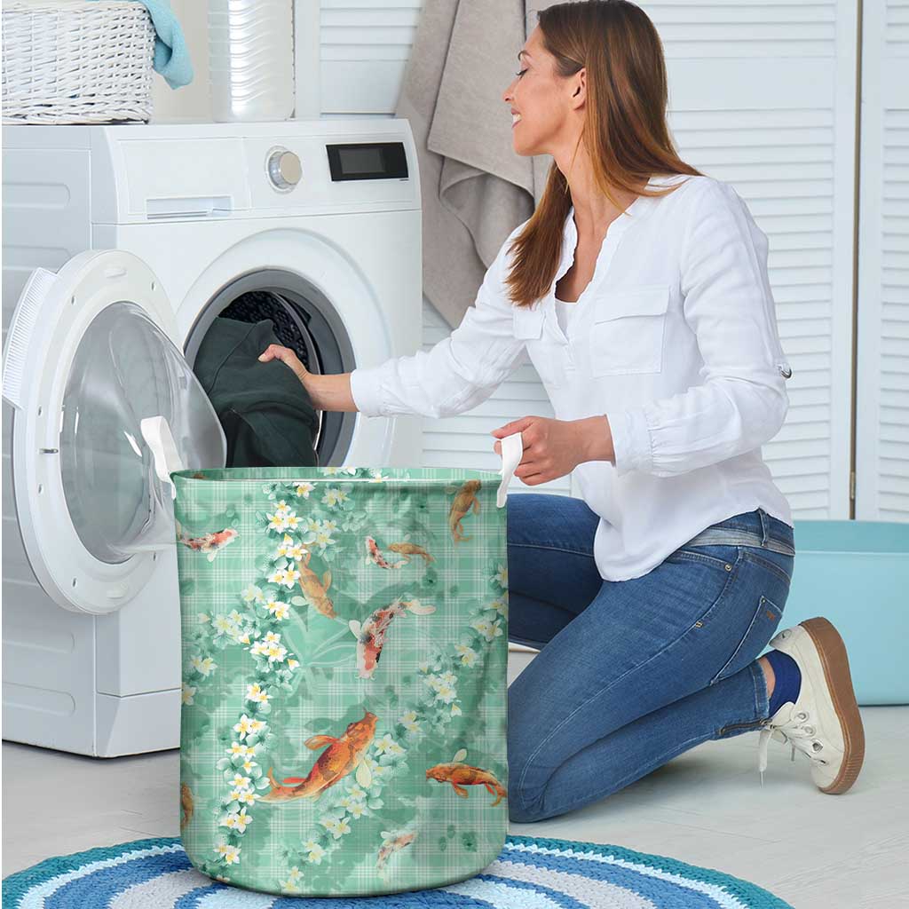 Green Palaka Hawaiian And Japanese Laundry Basket Sakura Lei With Koi Fish DT05 - Polynesian Pride