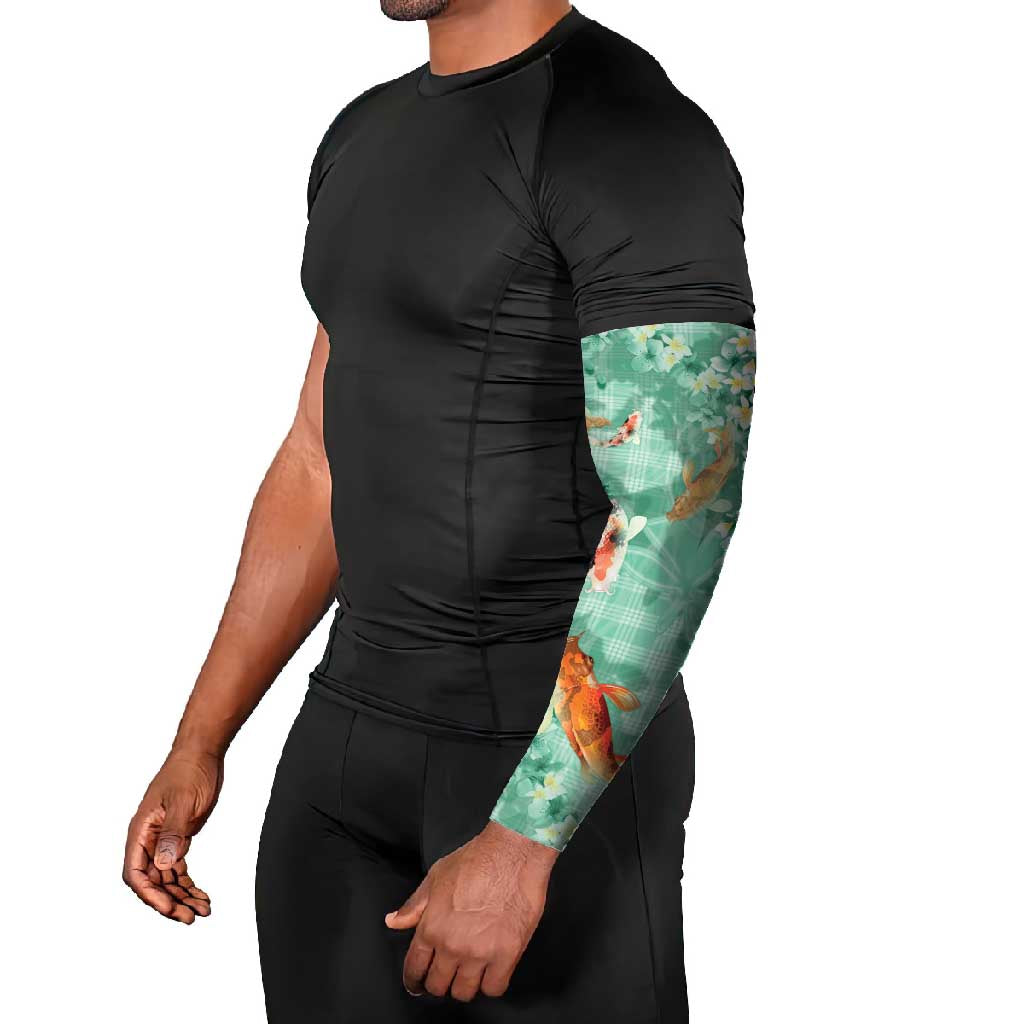 Green Palaka Hawaiian And Japanese Arm Sleeves Sakura Lei With Koi Fish - Polynesian Pride