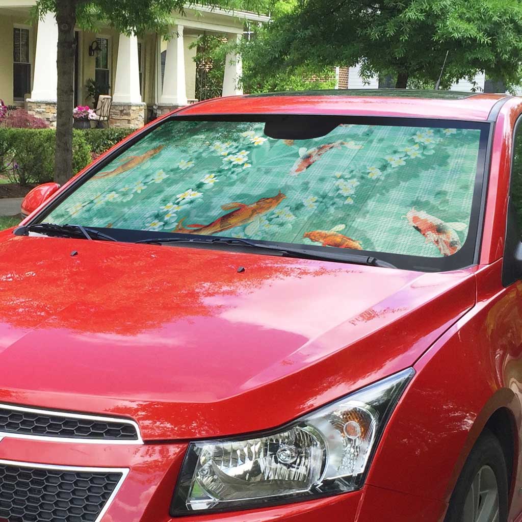 Green Palaka Hawaiian And Japanese Auto Sun Shade Sakura Lei With Koi Fish - Polynesian Pride