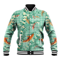 Green Palaka Hawaiian And Japanese Baseball Jacket Sakura Lei With Koi Fish DT05 Unisex Green - Polynesian Pride