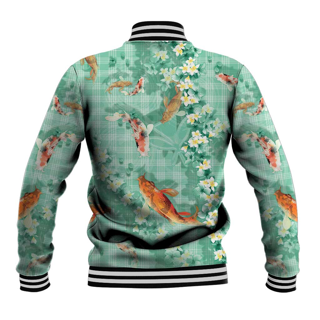 Green Palaka Hawaiian And Japanese Baseball Jacket Sakura Lei With Koi Fish DT05 - Polynesian Pride