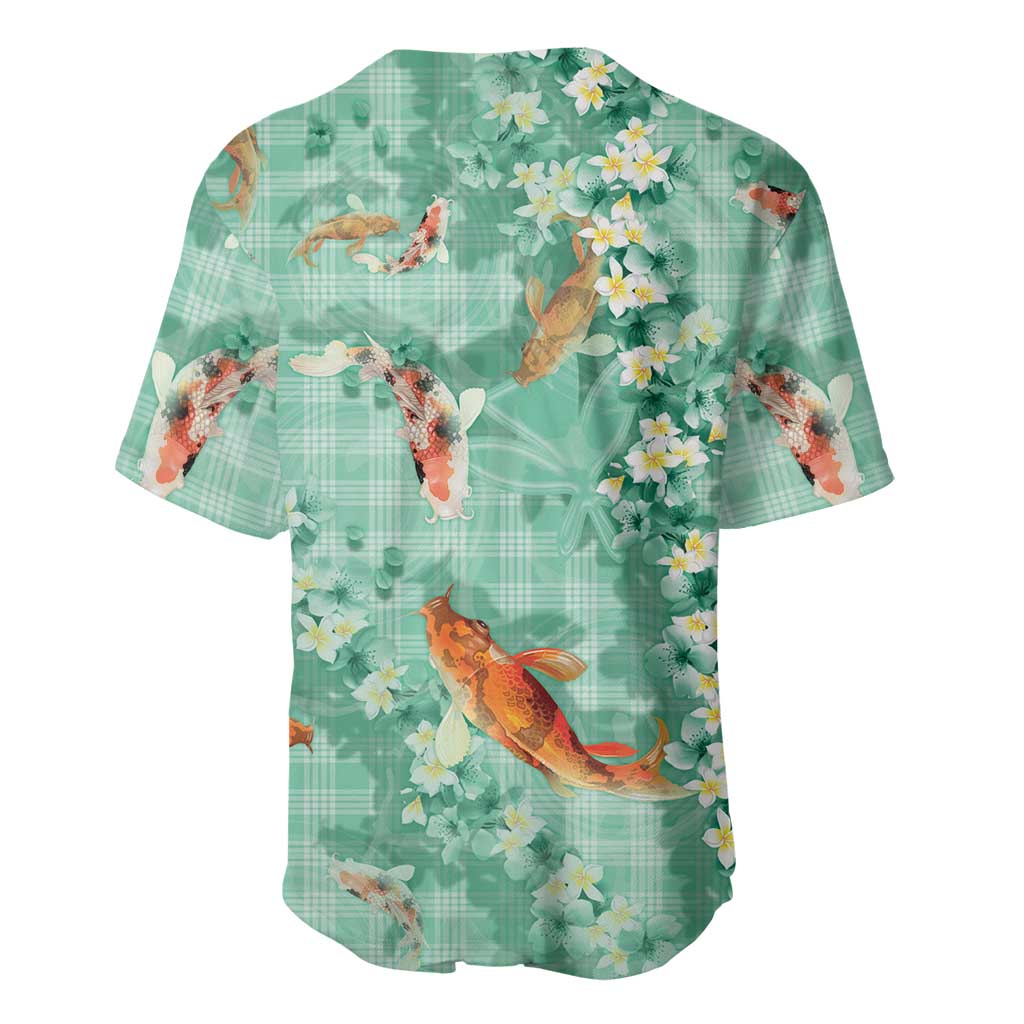 Green Palaka Hawaiian And Japanese Baseball Jersey Sakura Lei With Koi Fish DT05 - Polynesian Pride