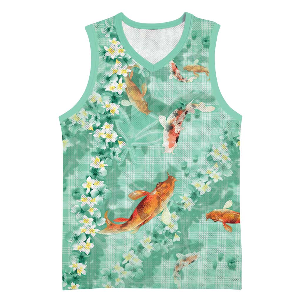 Green Palaka Hawaiian And Japanese Basketball Jersey Sakura Lei With Koi Fish - Polynesian Pride