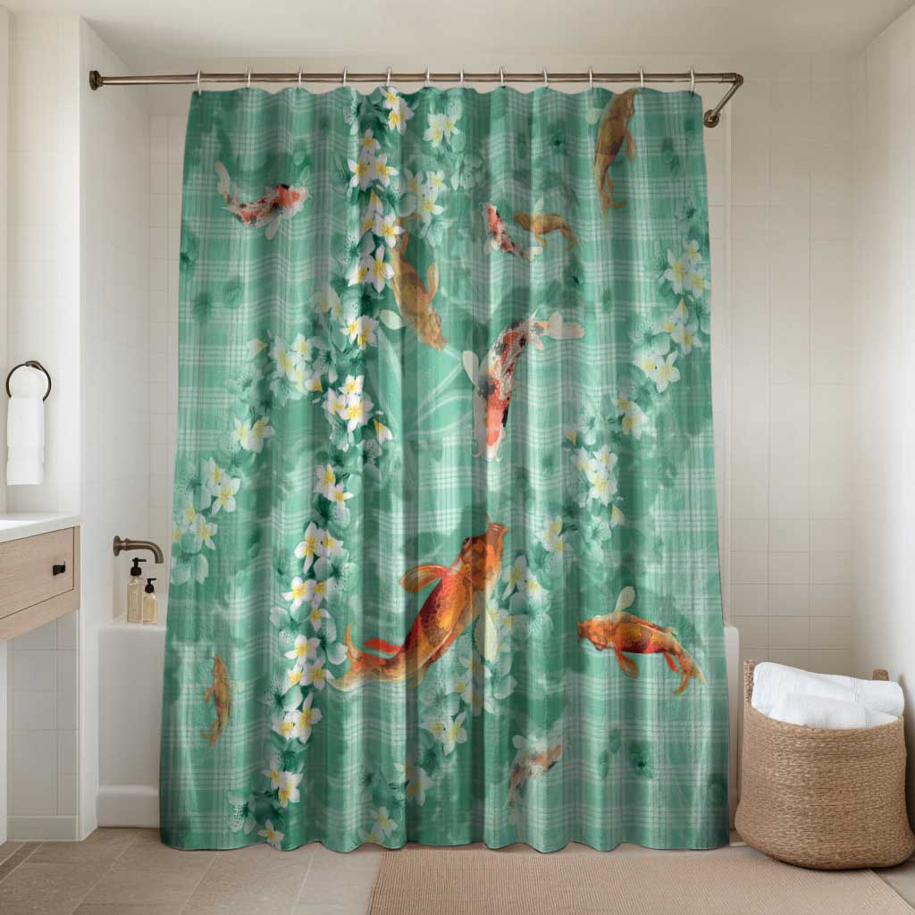 Green Palaka Hawaiian And Japanese Bathroom Set Sakura Lei With Koi Fish DT05 Shower Curtain Only Green - Polynesian Pride