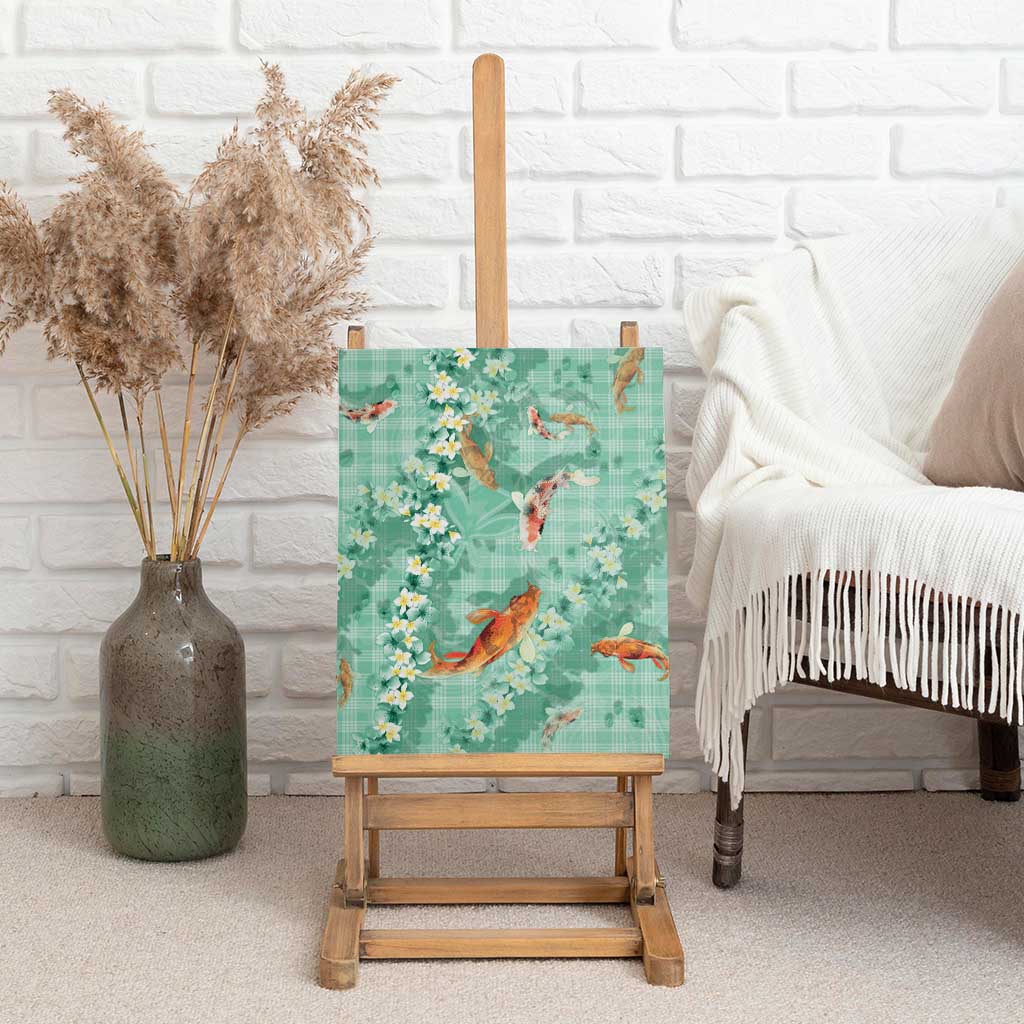 Green Palaka Hawaiian And Japanese Canvas Wall Art Sakura Lei With Koi Fish - Polynesian Pride