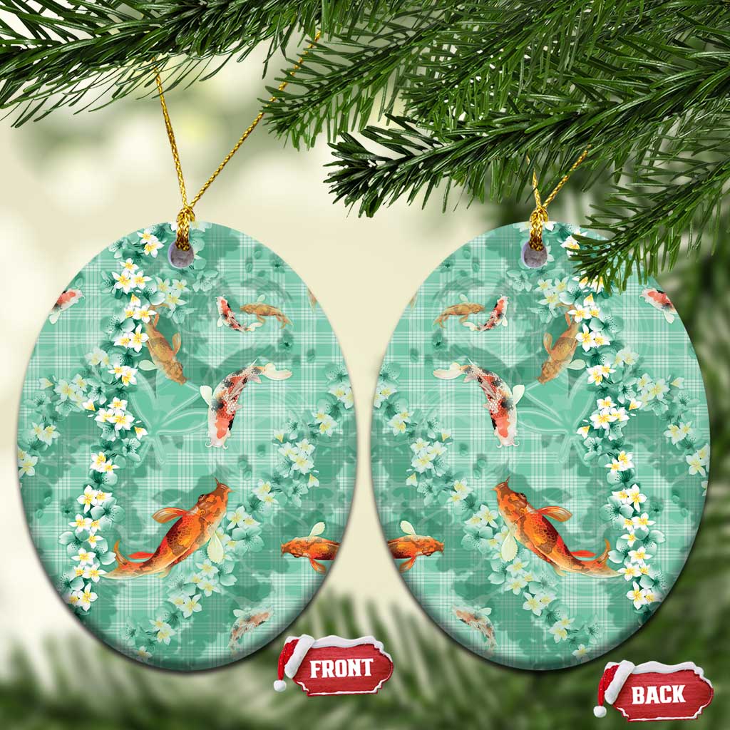 Green Palaka Hawaiian And Japanese Ceramic Ornament Sakura Lei With Koi Fish - Polynesian Pride