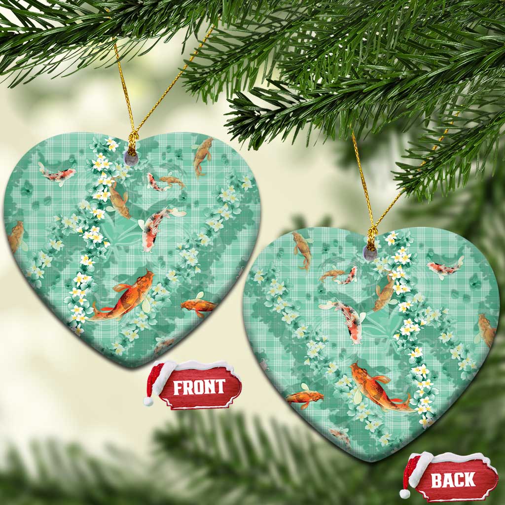 Green Palaka Hawaiian And Japanese Ceramic Ornament Sakura Lei With Koi Fish - Polynesian Pride