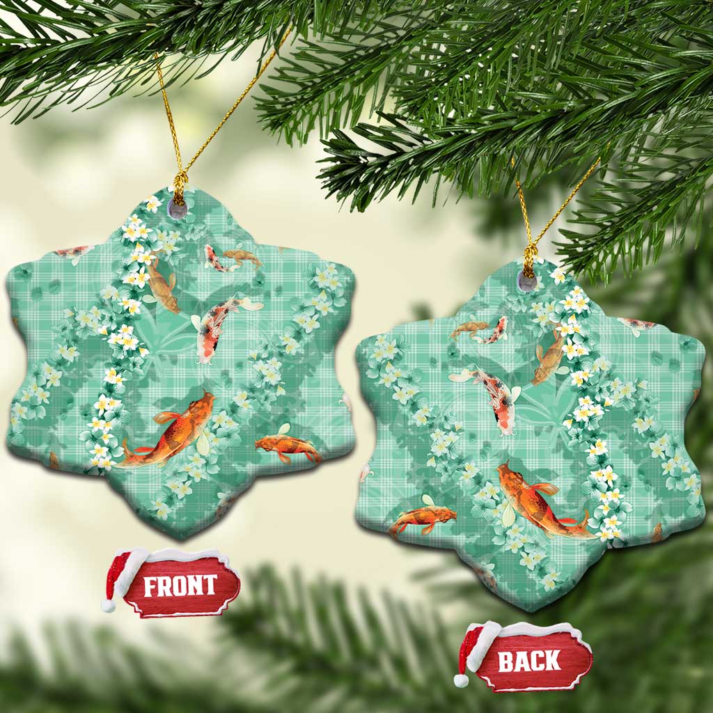 Green Palaka Hawaiian And Japanese Ceramic Ornament Sakura Lei With Koi Fish - Polynesian Pride