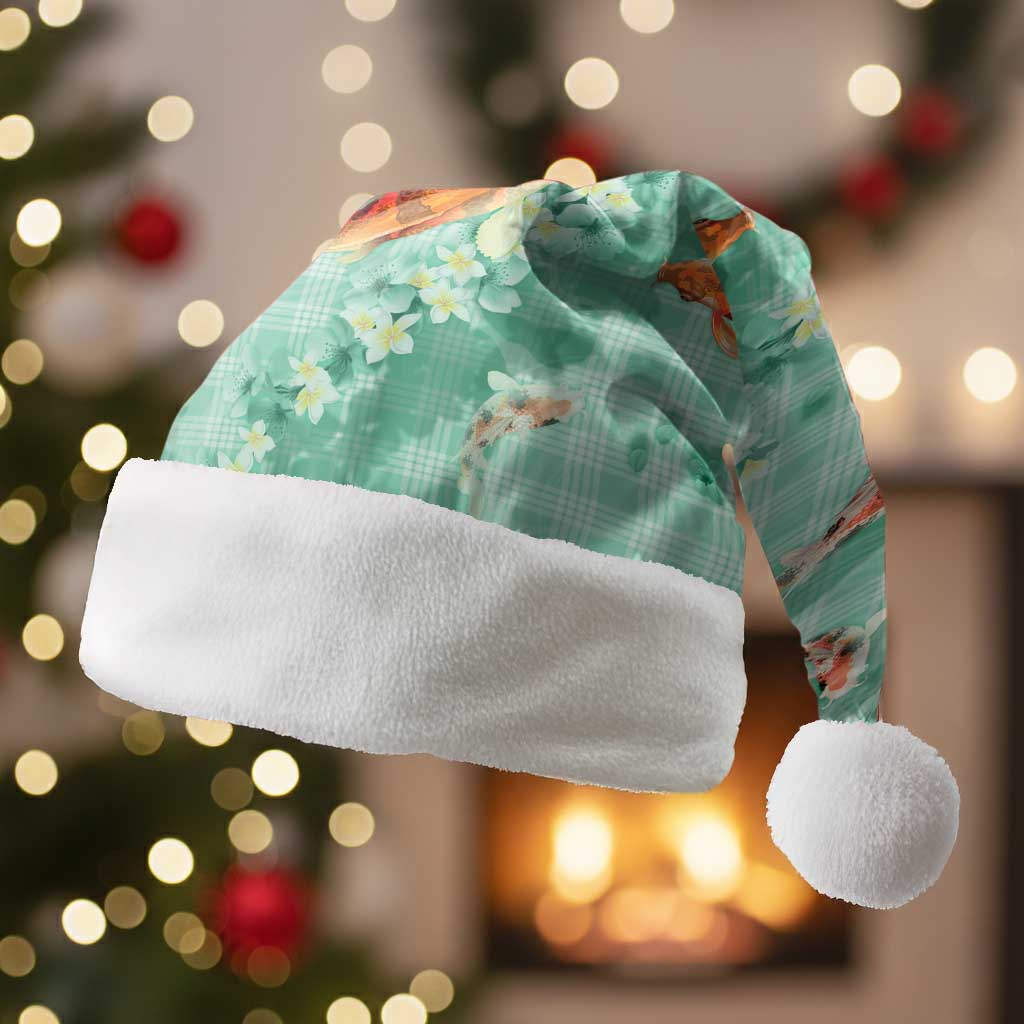 Green Palaka Hawaiian And Japanese Christmas Santa Hat Sakura Lei With Koi Fish - Polynesian Pride