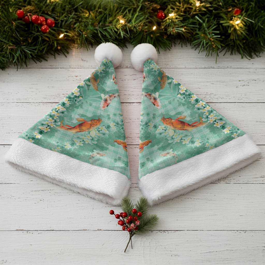 Green Palaka Hawaiian And Japanese Christmas Santa Hat Sakura Lei With Koi Fish - Polynesian Pride