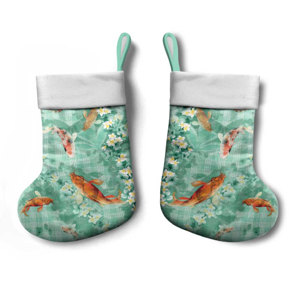 Green Palaka Hawaiian And Japanese Christmas Stocking Sakura Lei With Koi Fish - Polynesian Pride