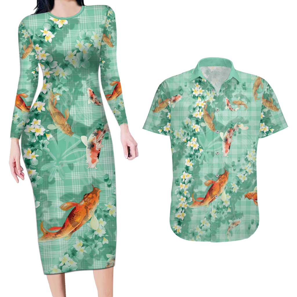 Green Palaka Hawaiian And Japanese Couples Matching Long Sleeve Bodycon Dress and Hawaiian Shirt Sakura Lei With Koi Fish - Polynesian Pride