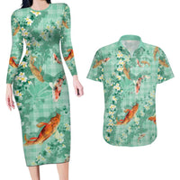 Green Palaka Hawaiian And Japanese Couples Matching Long Sleeve Bodycon Dress and Hawaiian Shirt Sakura Lei With Koi Fish - Polynesian Pride