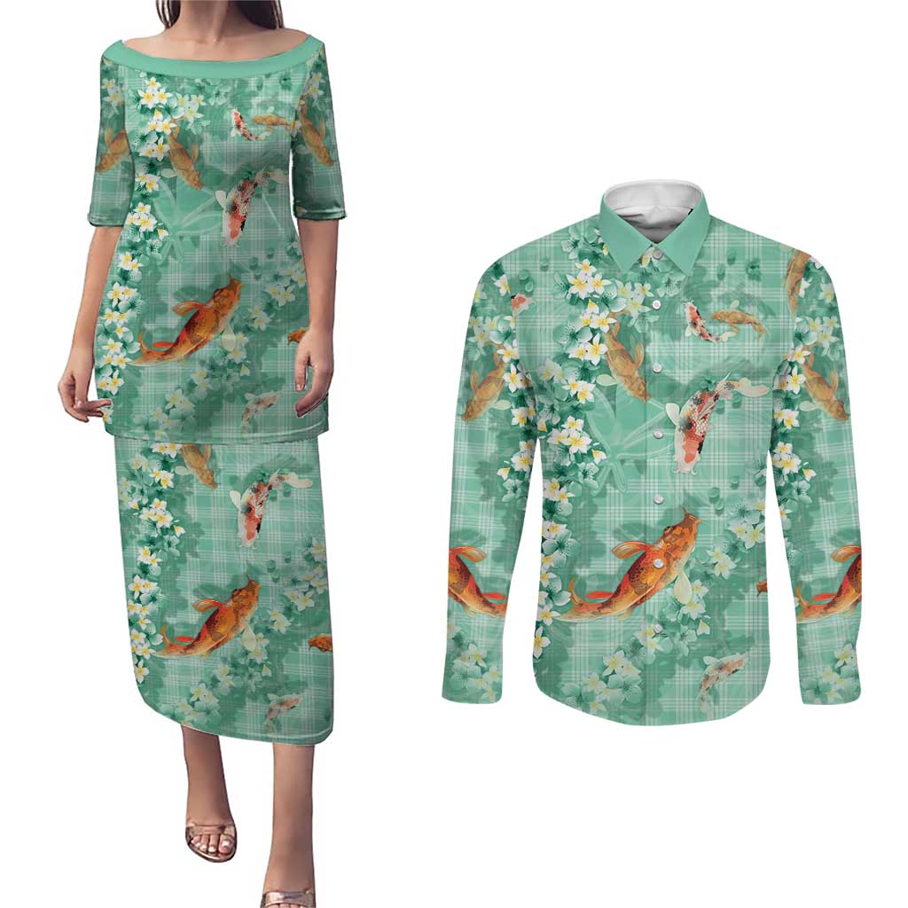 Green Palaka Hawaiian And Japanese Couples Matching Puletasi and Long Sleeve Button Shirt Sakura Lei With Koi Fish - Polynesian Pride