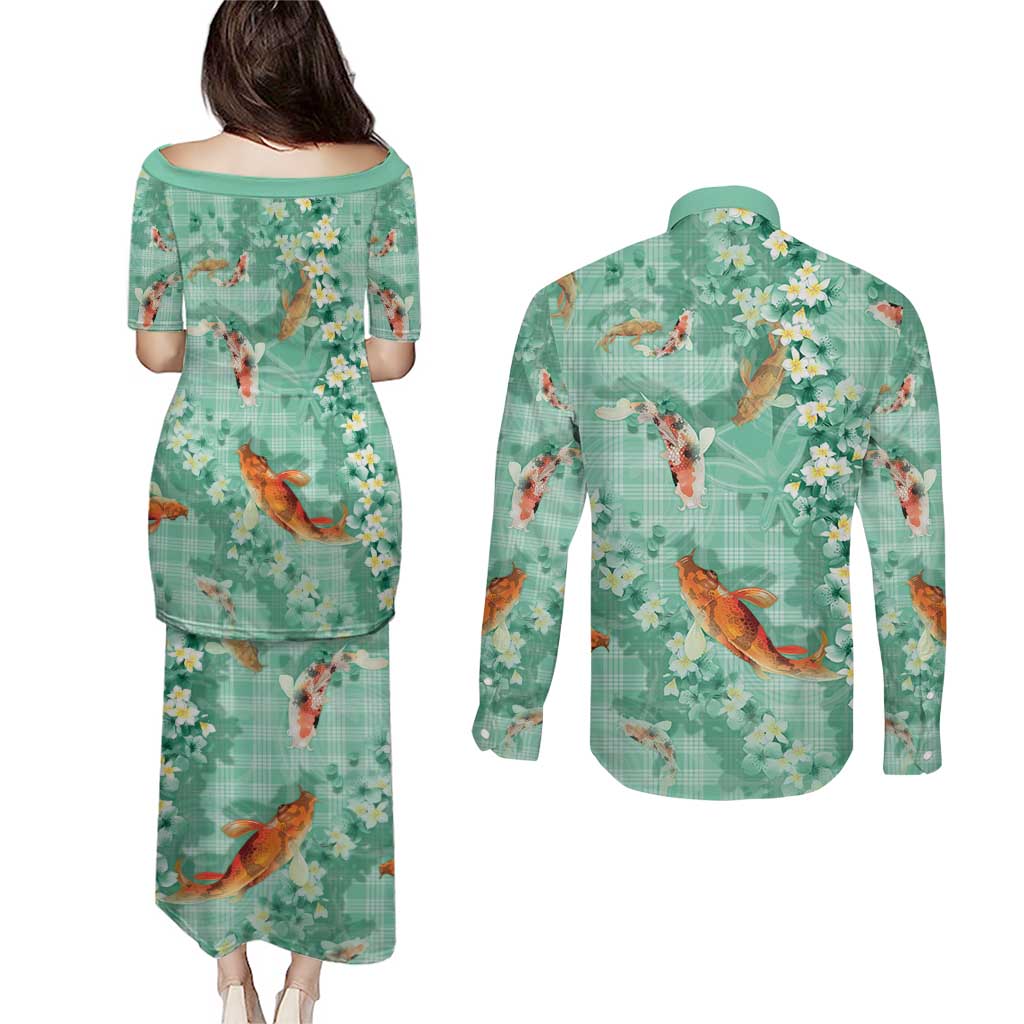 Green Palaka Hawaiian And Japanese Couples Matching Puletasi and Long Sleeve Button Shirt Sakura Lei With Koi Fish - Polynesian Pride