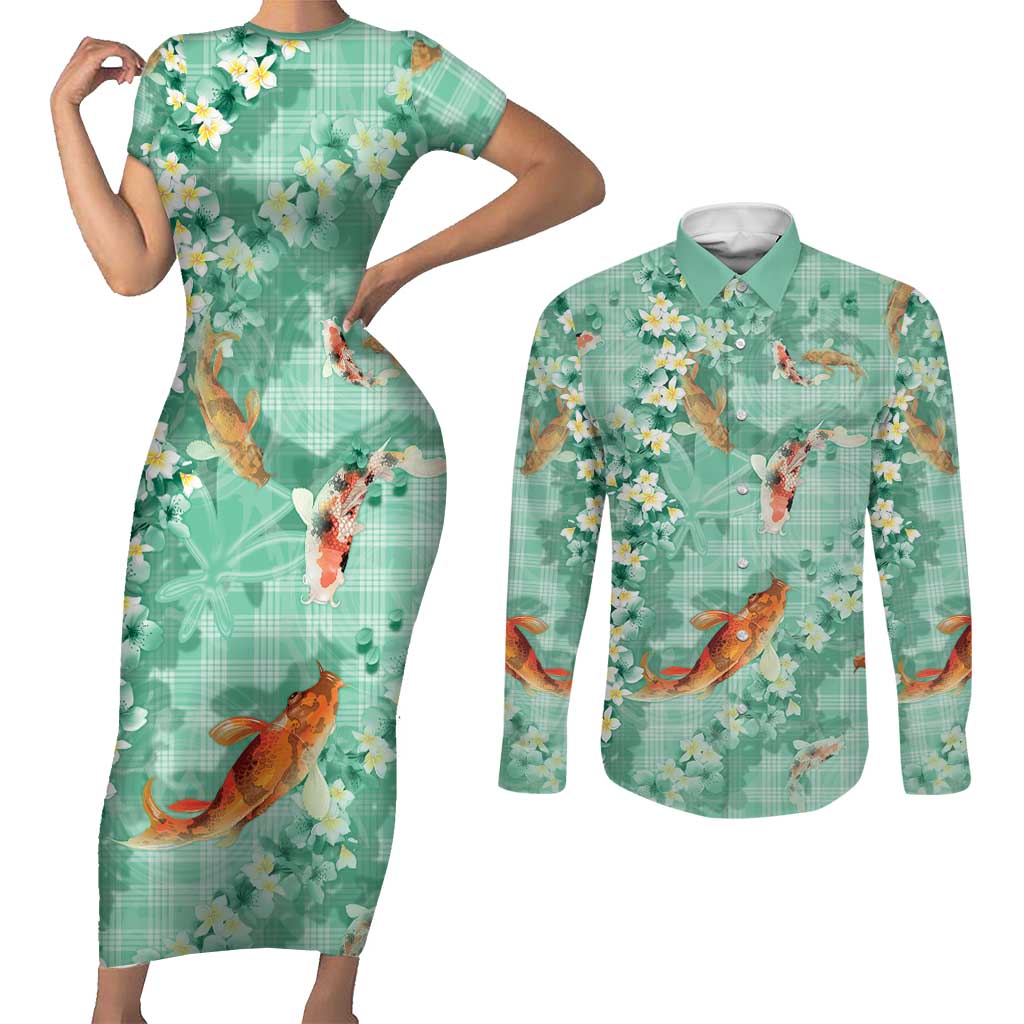 Green Palaka Hawaiian And Japanese Couples Matching Short Sleeve Bodycon Dress and Long Sleeve Button Shirt Sakura Lei With Koi Fish - Polynesian Pride