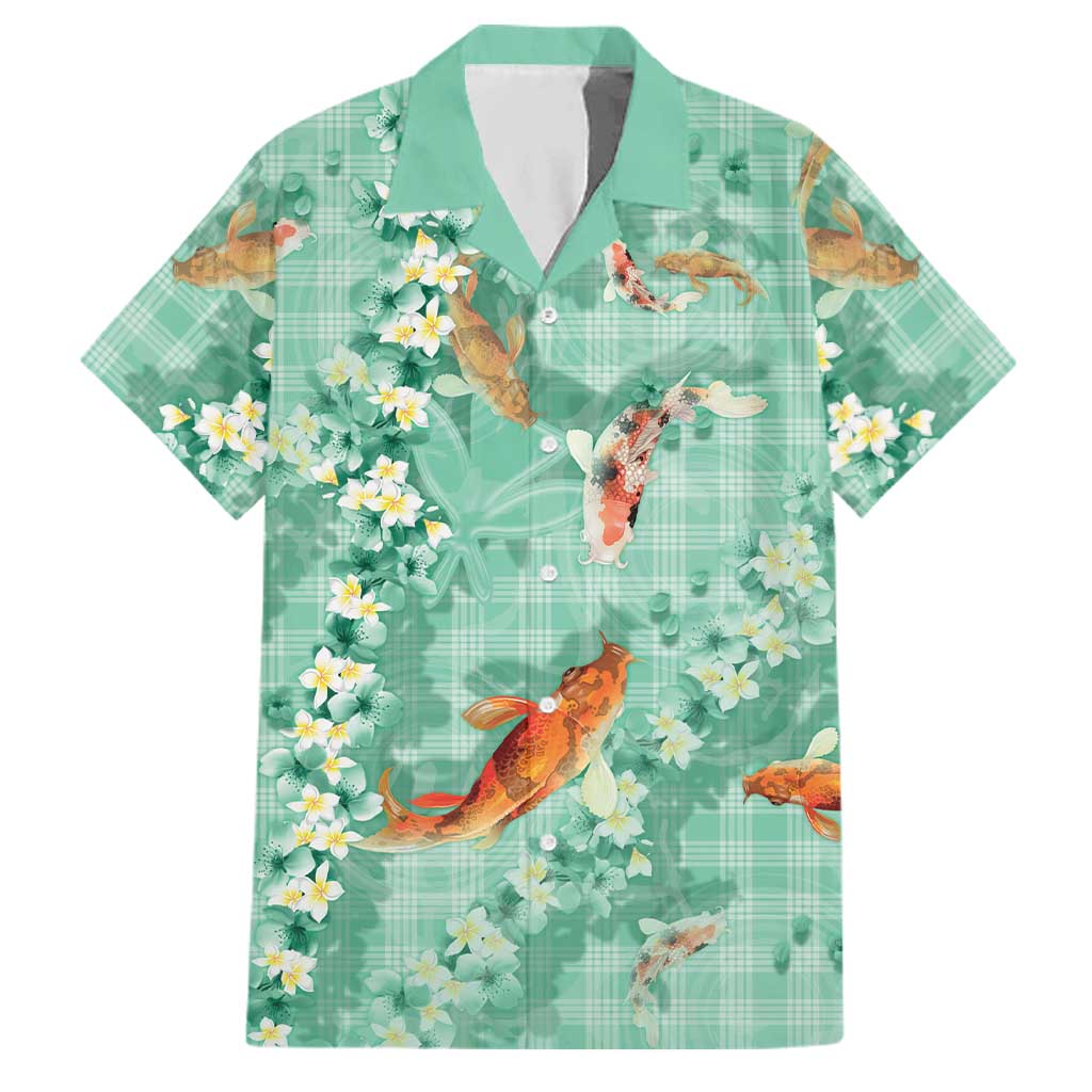 Green Palaka Hawaiian And Japanese Family Matching Long Sleeve Bodycon Dress and Hawaiian Shirt Sakura Lei With Koi Fish - Polynesian Pride