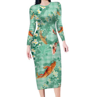Green Palaka Hawaiian And Japanese Family Matching Long Sleeve Bodycon Dress and Hawaiian Shirt Sakura Lei With Koi Fish - Polynesian Pride