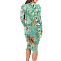 Green Palaka Hawaiian And Japanese Family Matching Long Sleeve Bodycon Dress and Hawaiian Shirt Sakura Lei With Koi Fish - Polynesian Pride